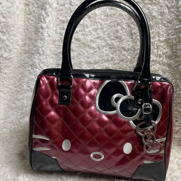 Hello kitty Sanrio Berry Patent quilted &face embroidery Satchel black straps - Picture 3 of 16